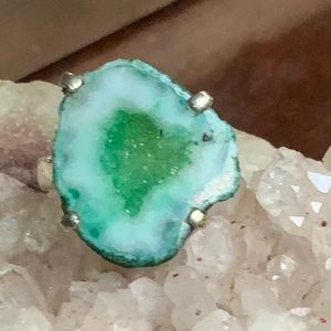 GREEN DRUZY AGATE GEODE 925 STERLING SILVER RING, SIZE 7.75